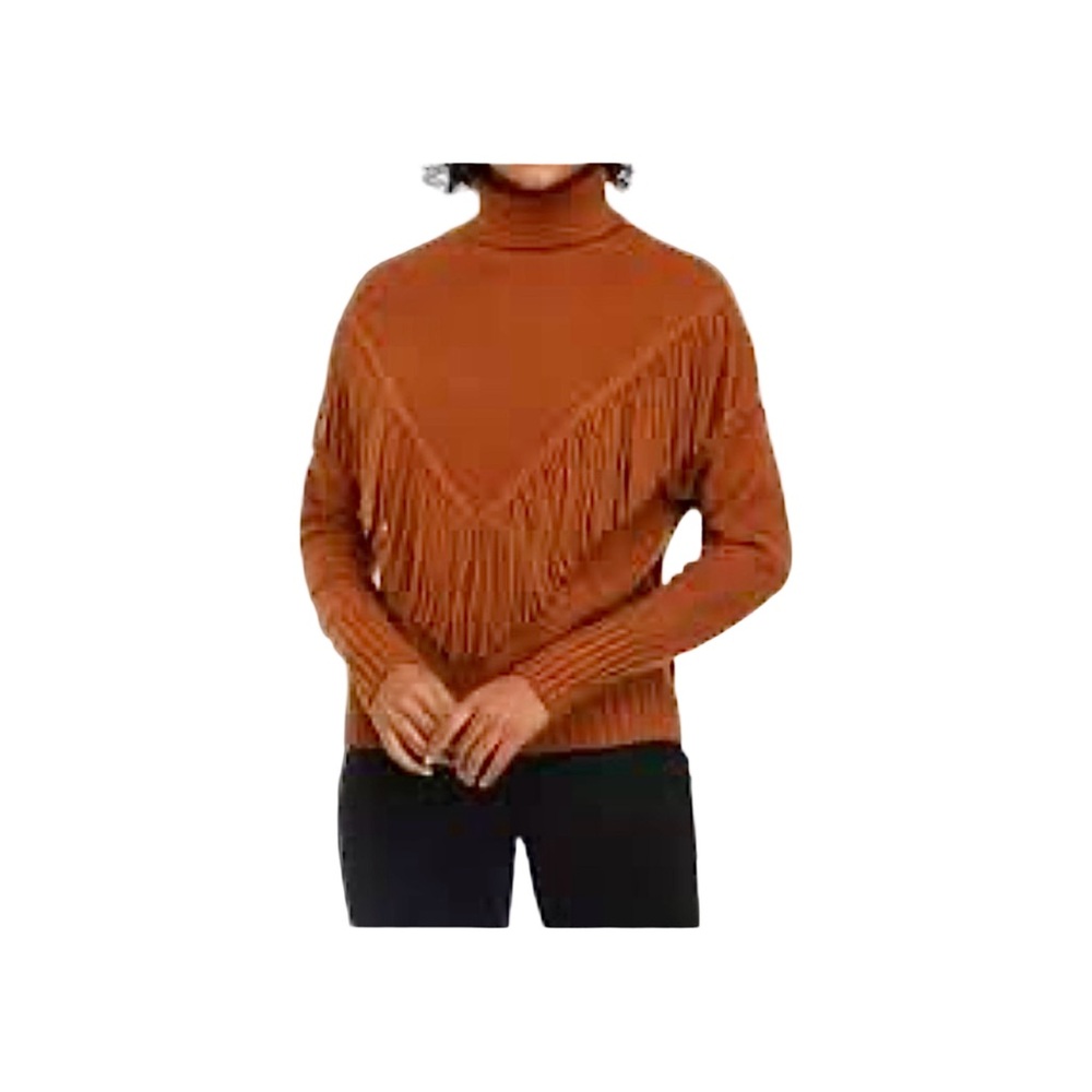 Chelsea & Theodore Turtleneck Fringe Sweater in Rust M like new